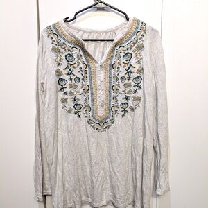 J. Jill Embroidered Long Sleeved Heathered Gray/Cream Tunic Shirt Boho Peasant